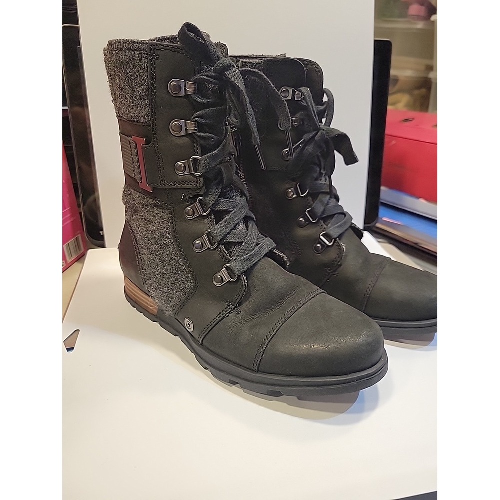 Sorel Major Carly Combat Moto Boots Gray Black Leather NL2324-010 Women Size 7